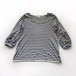 J Jill Size S Navy‎ Striped V Neck Embroidered Fisherman Quiet Luxury Old Money